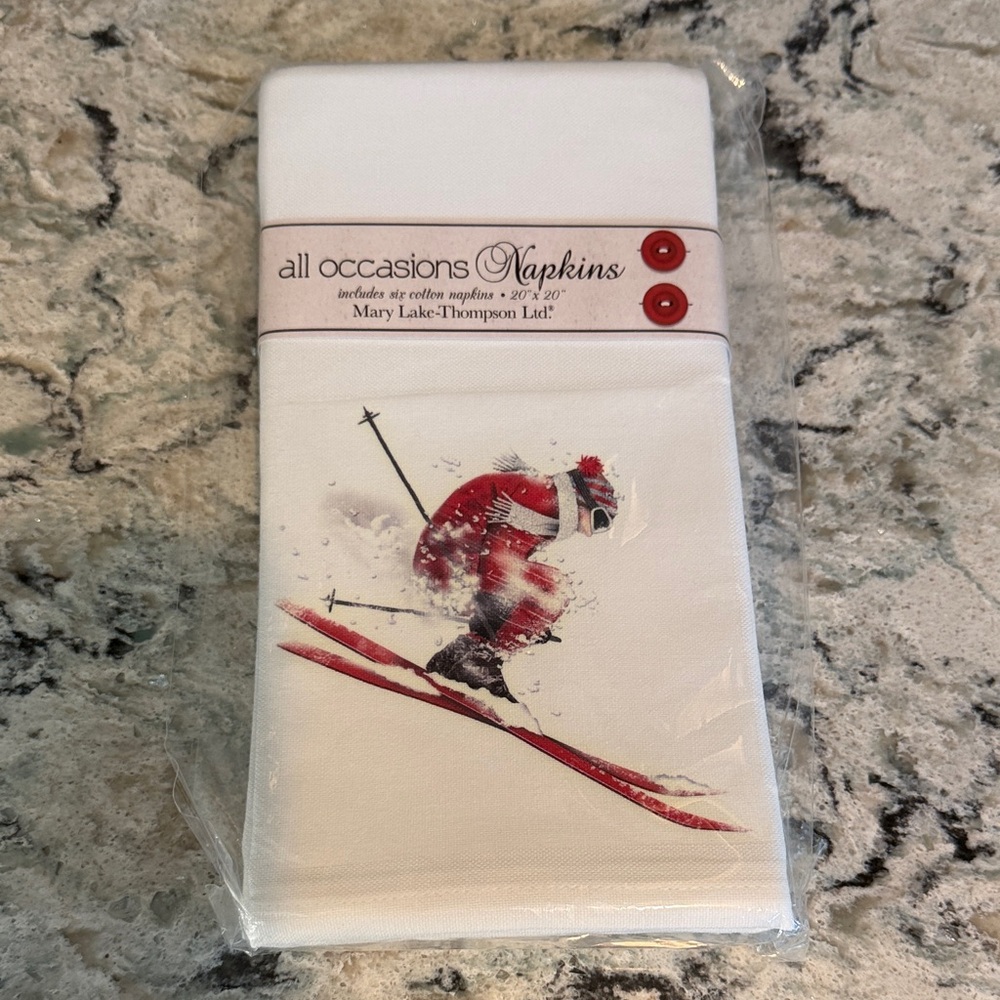 Set of 6 Skier Napkins White and Red